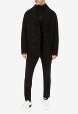 Dolce & Gabbana Black Double-Breasted Knit Collar Peacoat G020RT HUMDQ N0000