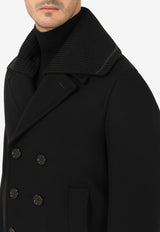 Dolce & Gabbana Black Double-Breasted Knit Collar Peacoat G020RT HUMDQ N0000