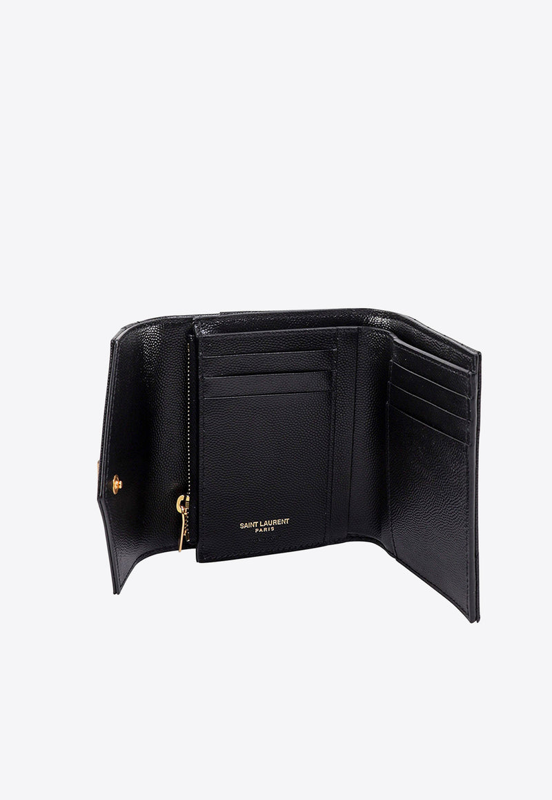 Saint Laurent Compact Cassandre Tri-Fold Wallet in Embossed Leather Black 403943BOW01_1000