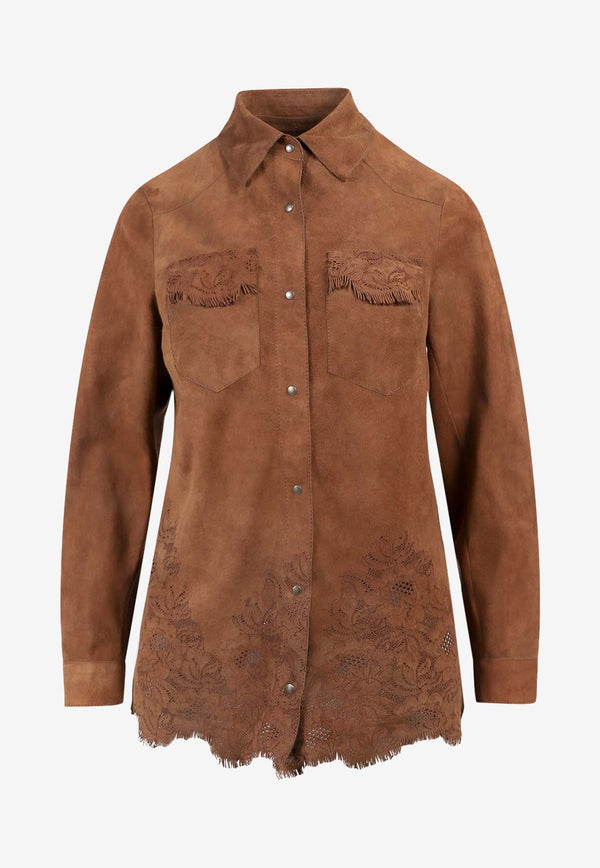 Salvatore Santoro Floral Embroidered Suede Shirt Brown 42038_CAMEL