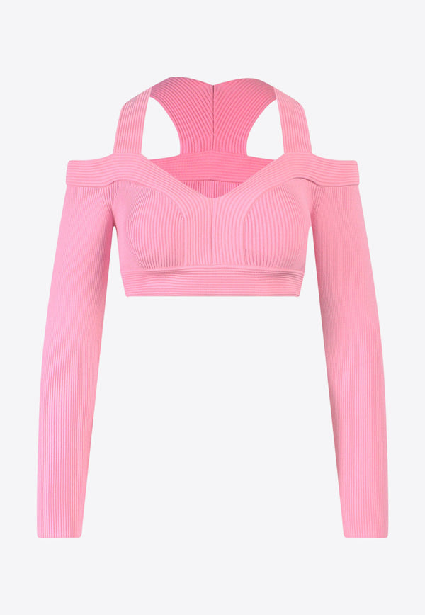 Alexander McQueen Cold-Shoulder Rib Knit Cropped Top
 Pink 734532Q1A5B_5003