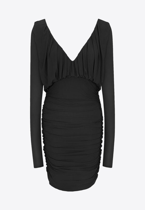 Saint Laurent Ruched V-neck Mini Dress Black 729749Y5G98_1000
