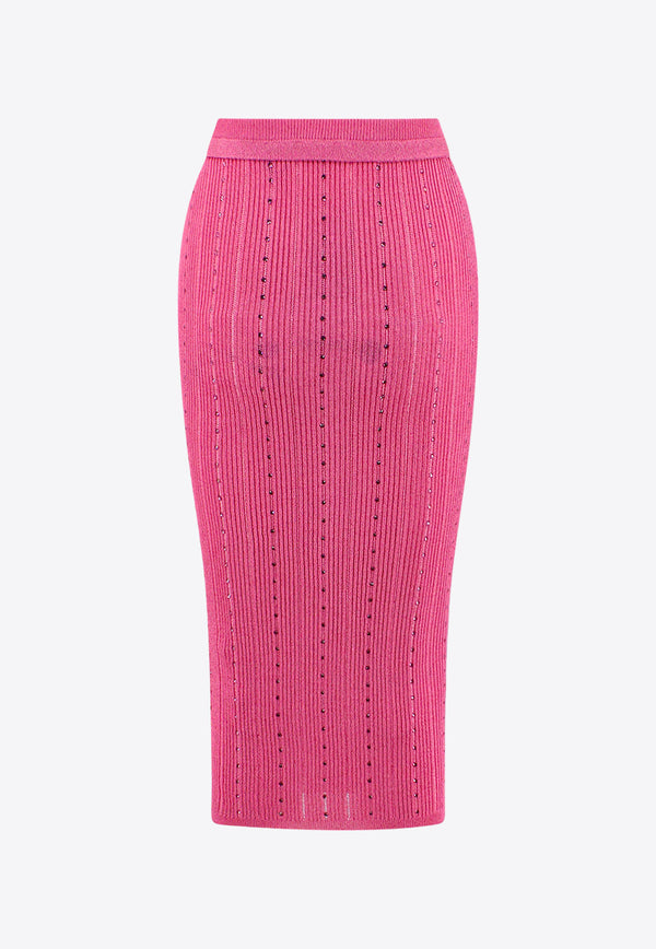 Alessandra Rich Rhinestone Embellished Ribbed Midi Skirt Pink FAB3387_2554