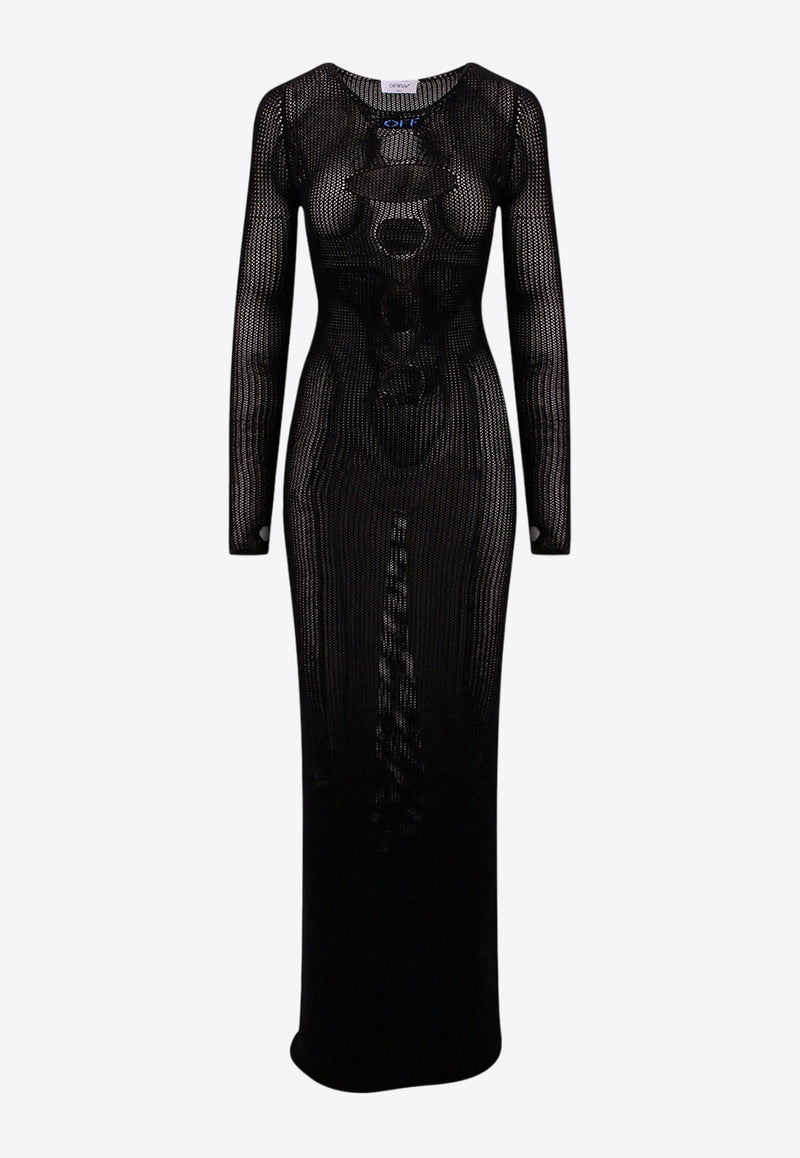 Off-White Embroidered Logo Rib Knit Maxi Dress with Cut-Outs Black OWHI089S23KNI001_1040