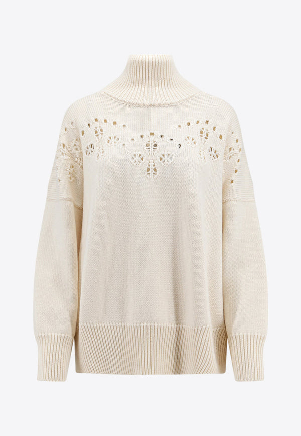 Chloé Floral Embroidery Ribbed Wool Sweater Cream C23AMP23670_107