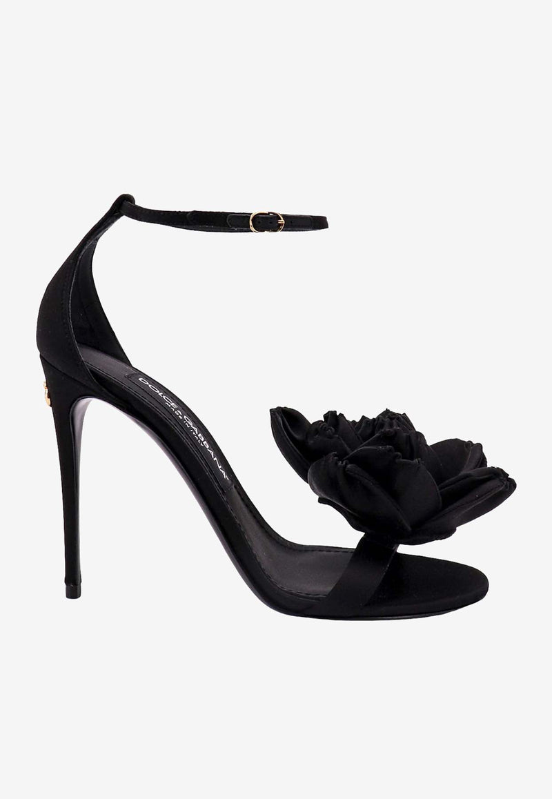 Dolce & Gabbana Keira 105 Floral Appliqué Satin Sandals Black CR1620AR572_8B956