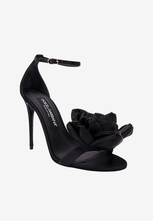 Dolce & Gabbana Keira 105 Floral Appliqué Satin Sandals Black CR1620AR572_8B956