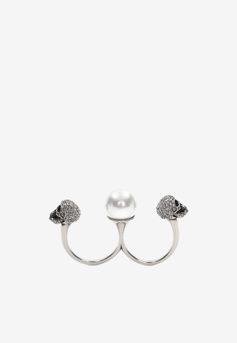 Alexander McQueen Double Skull Pearl Ring Silver 734749I170E_1390