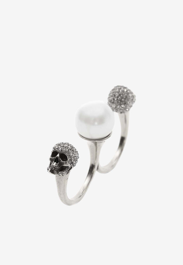 Alexander McQueen Double Skull Pearl Ring Silver 734749I170E_1390