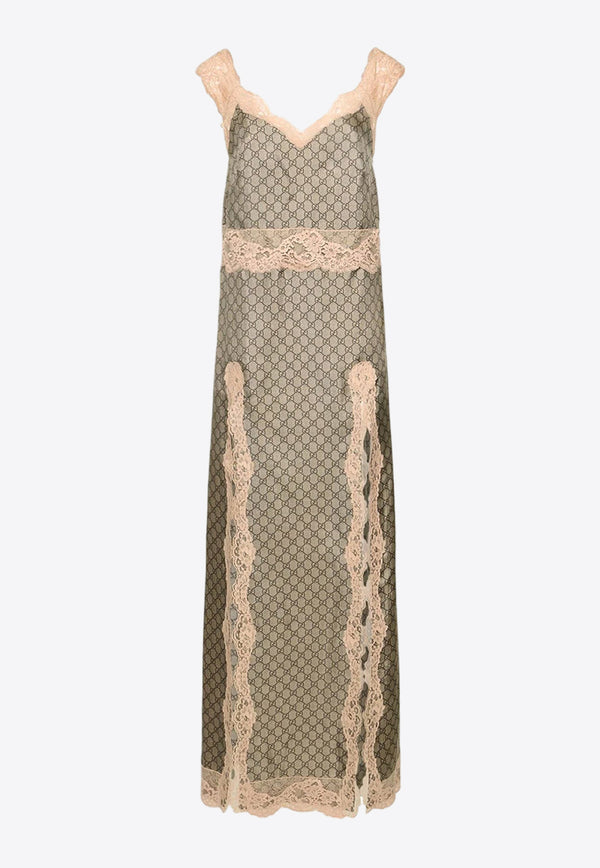 Gucci Lace-Trimmed GG Supreme Silk Maxi Dress Beige 756427ZANRP_2190