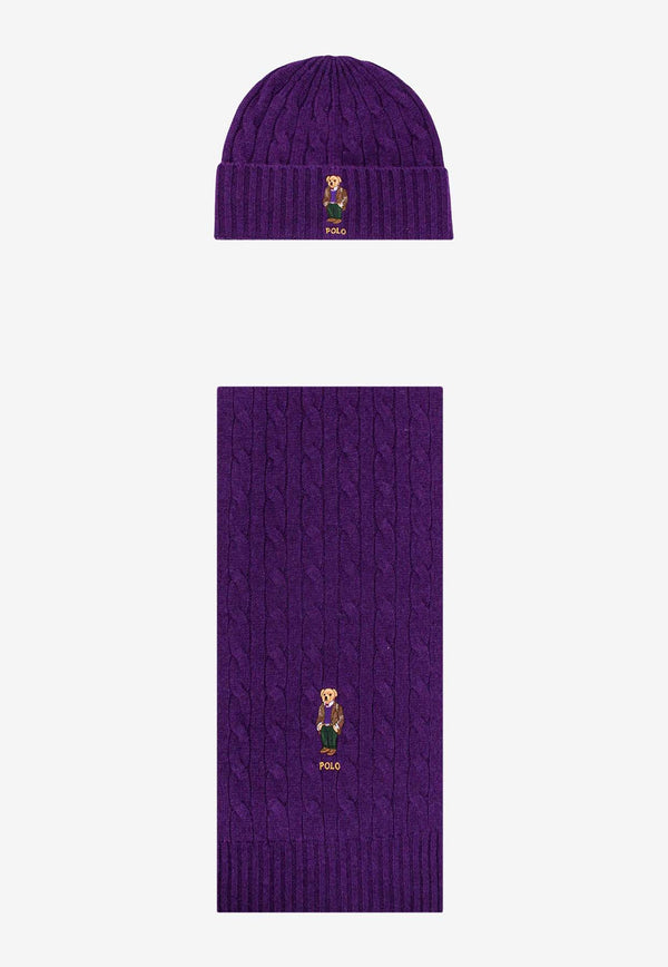 Polo Ralph Lauren Embroidered Logo Cable-Knit Scarf and Beanie Set Purple 449923915_003