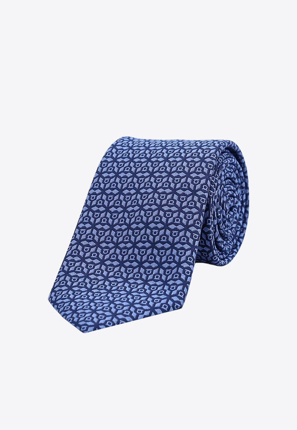 Salvatore Ferragamo Geometric Pattern Silk Tie 350943768436_MARINE Blue