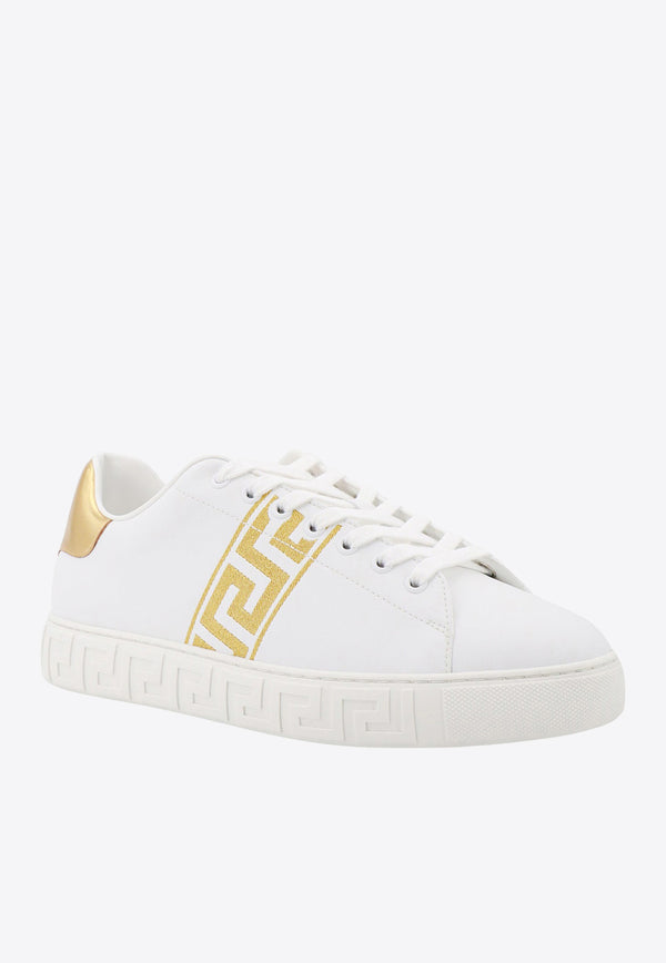 Versace Greca-Embroidered Leather Sneakers White 10144601A00776_2W110
