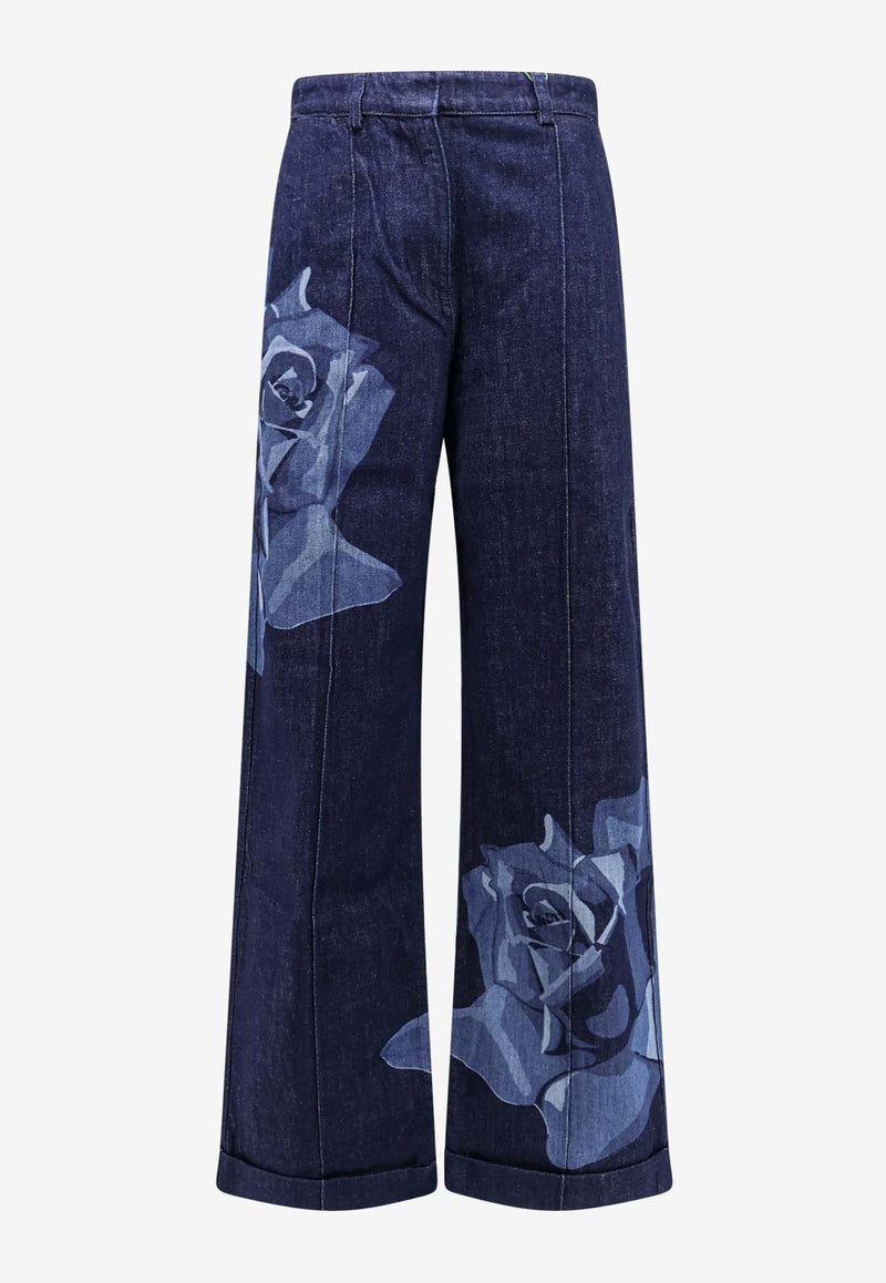 Kenzo Rose Print Wide-Leg Jeans Blue FE52DP2246B7_DM