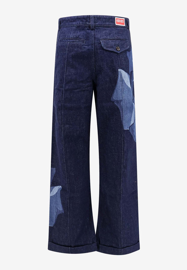 Kenzo Rose Print Wide-Leg Jeans Blue FE52DP2246B7_DM