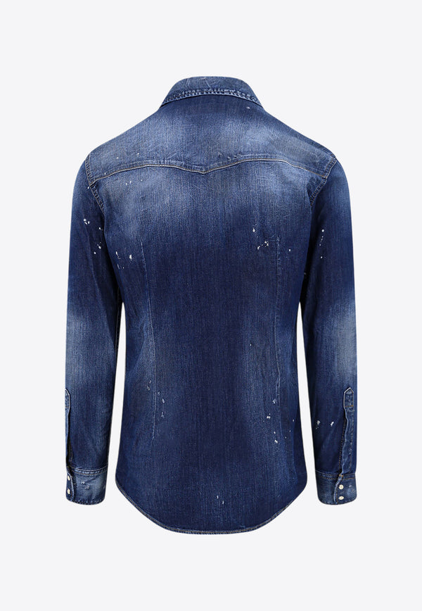 Dsquared2 Paint Splatter Bleached Denim Shirt Blue S74DM0795S30341_470