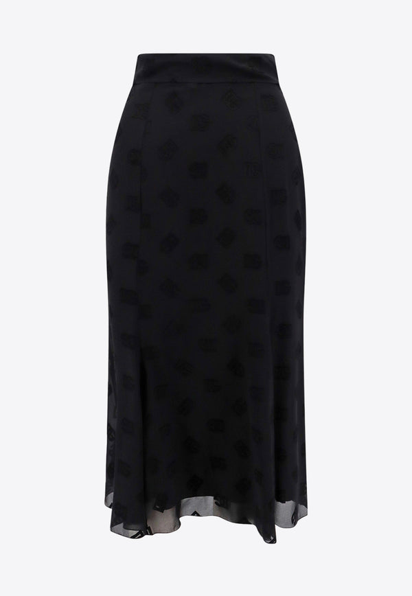 Dolce & Gabbana All-Over DG Logo Dévoré Satin Midi Skirt Black F4CCHTFJ9AF_N0000