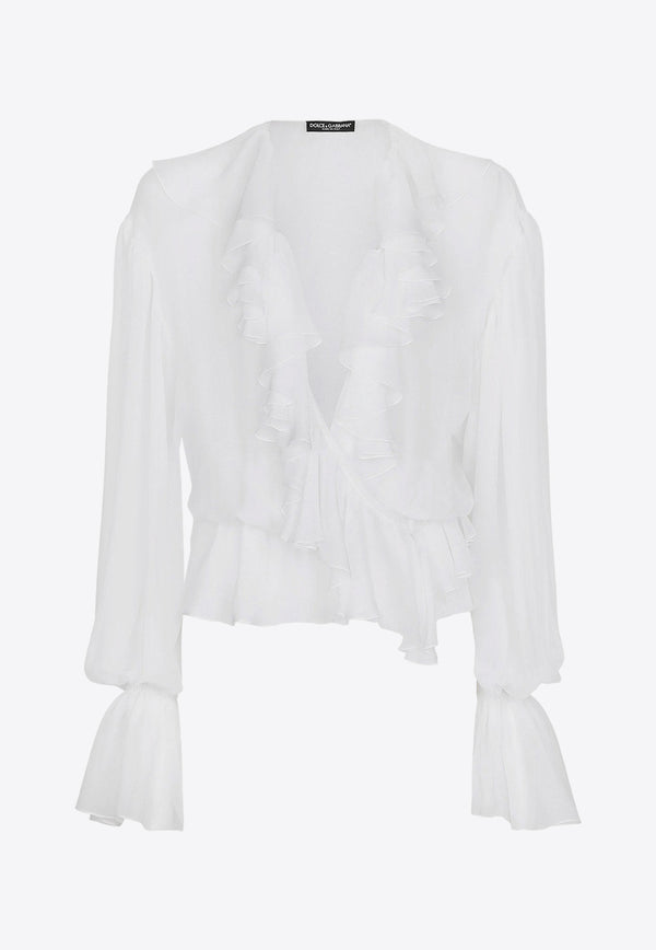 Dolce & Gabbana V-neck Ruffled Silk Blouse White F79FGTFU1AT_W0800