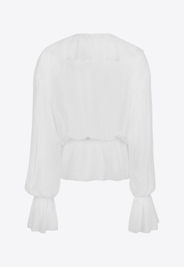 Dolce & Gabbana V-neck Ruffled Silk Blouse White F79FGTFU1AT_W0800