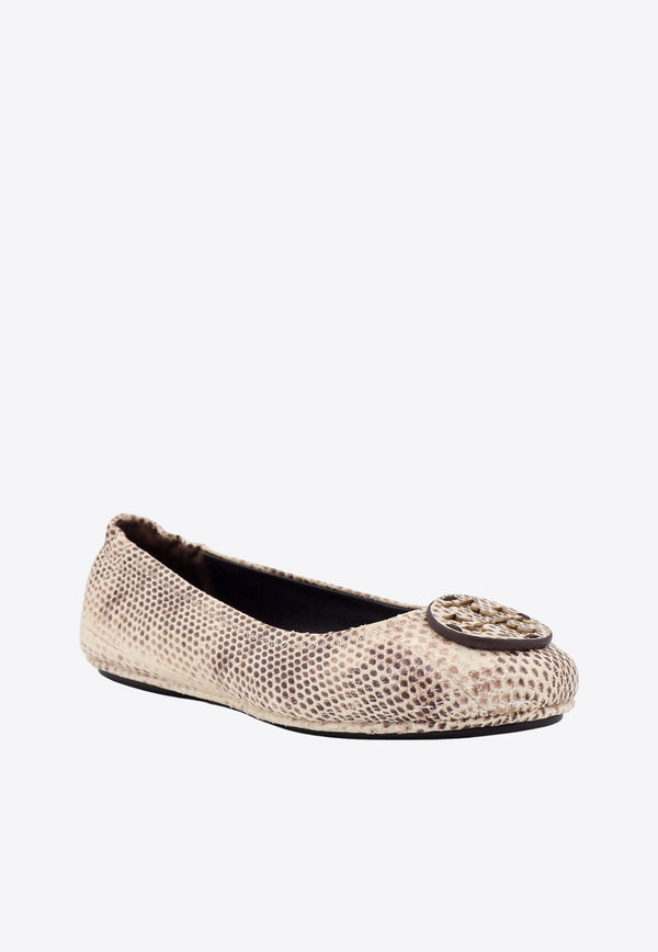 Tory Burch Minnie Travel Snake-Embossed Leather Ballet Flats Beige 155382_250
