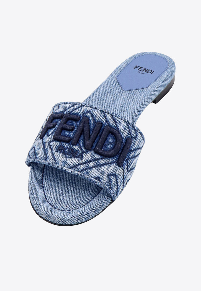 Fendi Logo Embroidered Flat Denim Sandals Blue 8R8092AQY3_F1OW0