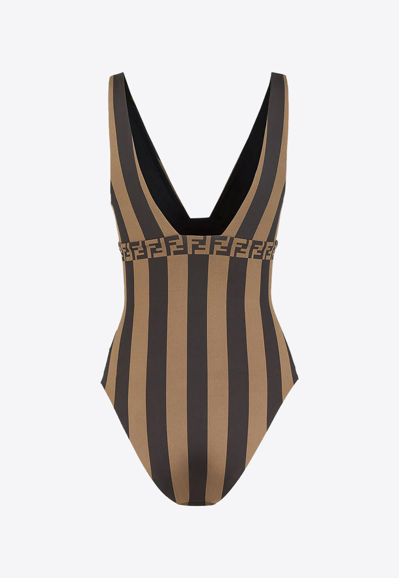 Fendi Pequin Stripes One-Piece Logo Swimsuit Brown FXBA25AQBZ_F13IZ