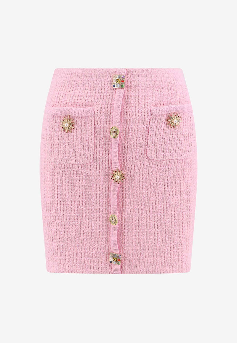 Self-Portrait Jewel-Buttoned Rib Knit Mini Skirt Pink PF24128SK_PINK