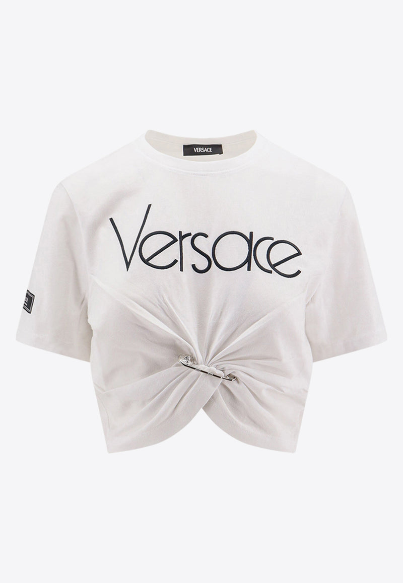 Versace Logo Print Safety Pin Cropped T-shirt White 10113311A09120_2W020