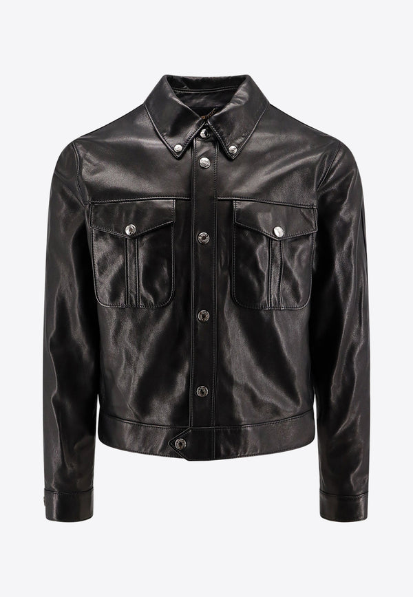 Versace Logo Engraved Leather Jacket Black 10157291A00713_1B000