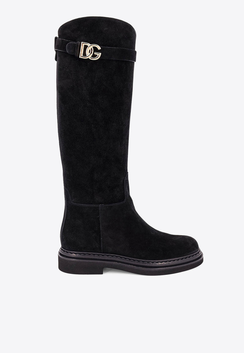 Dolce & Gabbana DG Logo Knee-High Suede Boots Black CU1141AS915_80999