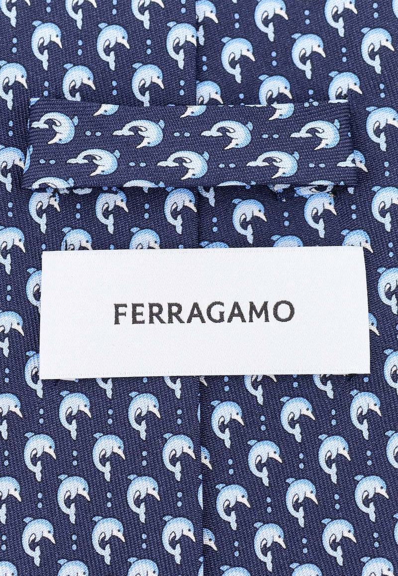 Salvatore Ferragamo All-Over Dolphin Print Silk Tie Blue 350978773921_NAVY