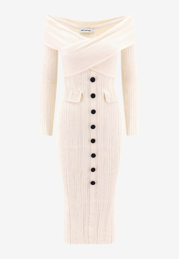 Self-Portrait Off-Shoulder Ribbed Midi Dress White SC24001MC_CREAM