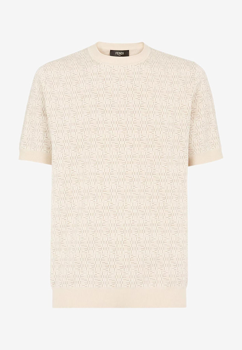 Fendi FF Labyrinth Wool Knit T-shirt Beige FZY443ASH0_F0GQK