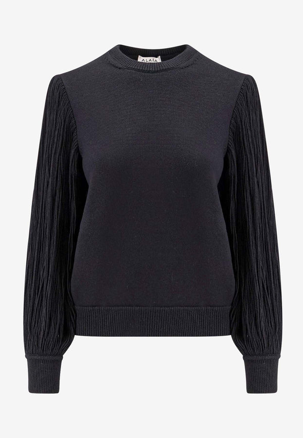 Alaïa Fringed Crewneck Wool Sweater Black AA9S03196M902_995