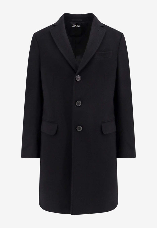 ZEGNA Single-Breasted Long Coat in Wool Blend Black 898707A84GJ3G0_001