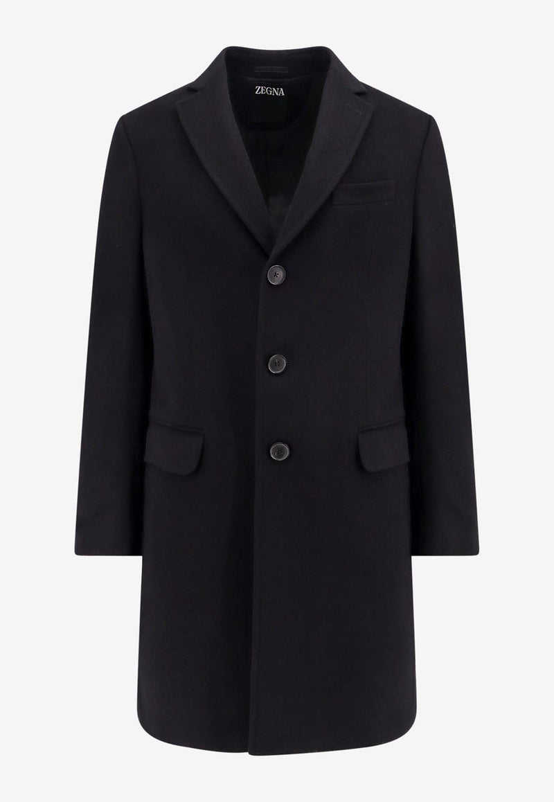 ZEGNA Single-Breasted Long Coat in Wool Blend Black 898707A84GJ3G0_001