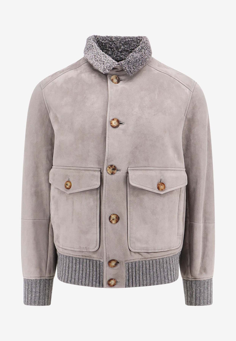 Brunello Cucinelli Shearling-Collar Suede Jacket Gray MPMLV1952_CIX15