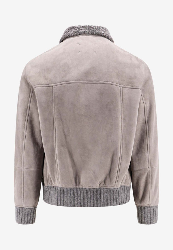 Brunello Cucinelli Shearling-Collar Suede Jacket Gray MPMLV1952_CIX15