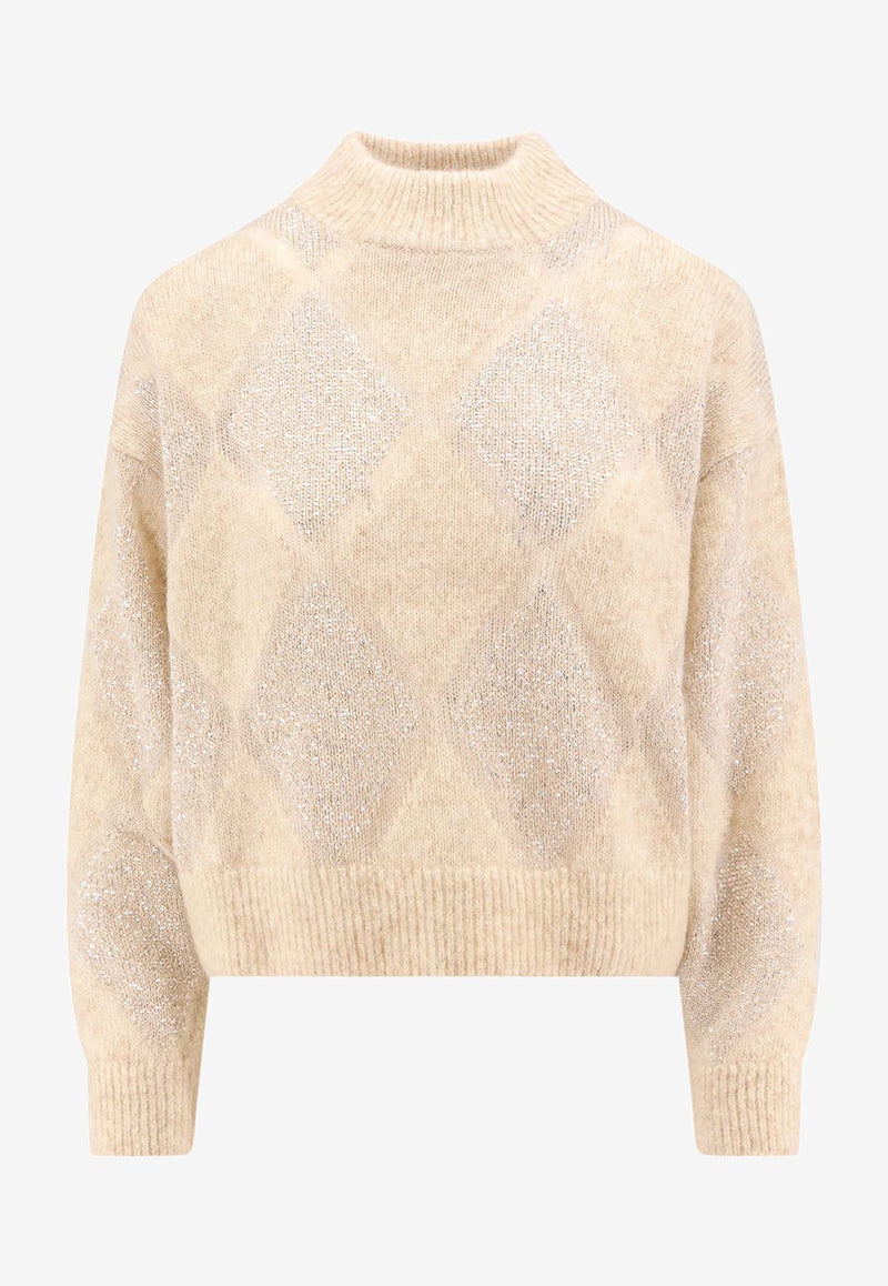 Brunello Cucinelli Sequined Argyle Wool-Blend Sweater Beige MCM518804_CQK82