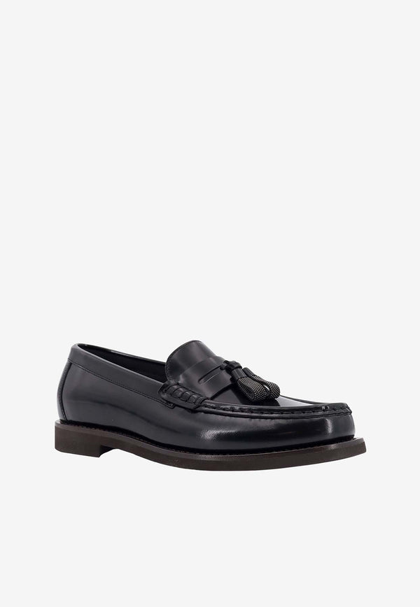 Brunello Cucinelli Leather Penny Loafers with Monili Tassels Black MZVNG2739_C101