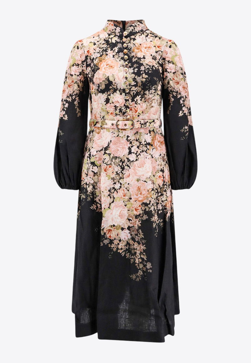 Zimmermann Illustration Floral Buttoned Midi Dress Black 9143DF241_BLKRCO