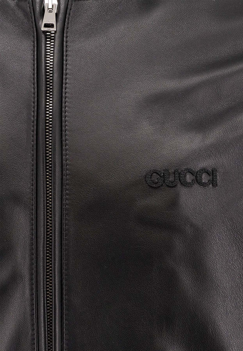 Gucci Logo Embroidered Leather Bomber Jacket Black 793726XNA3M_1060