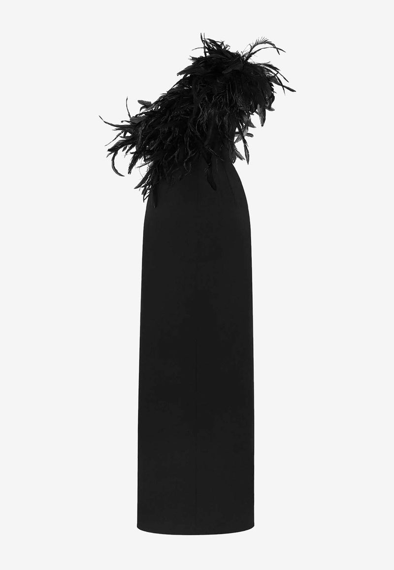 Dolce & Gabbana One-Shoulder Feathered Gown Black F6JRFTFUIAH_N0000