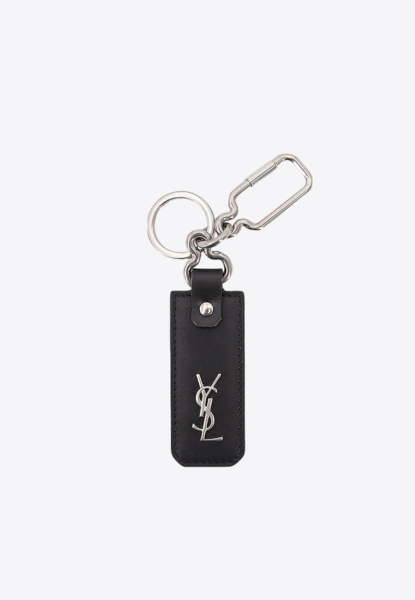 Saint Laurent Cassandre Plaque Leather Key-Ring Black 777523BWR0E_1000