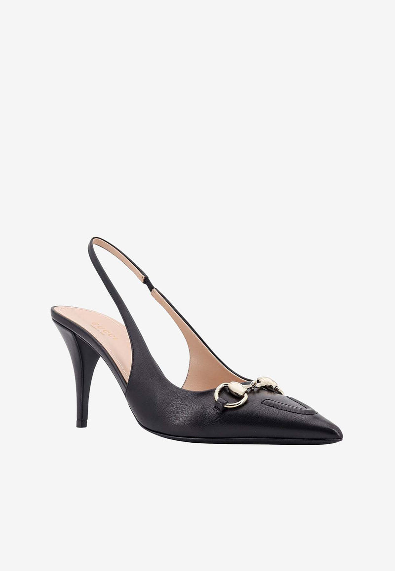 Gucci 85 Horsebit Slingback Leather Pumps Black 792065DMBT0_1000