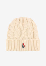 Moncler Grenoble Logo Patch Cable Knit Wool Beanie Beige 0983B00003M1172_034