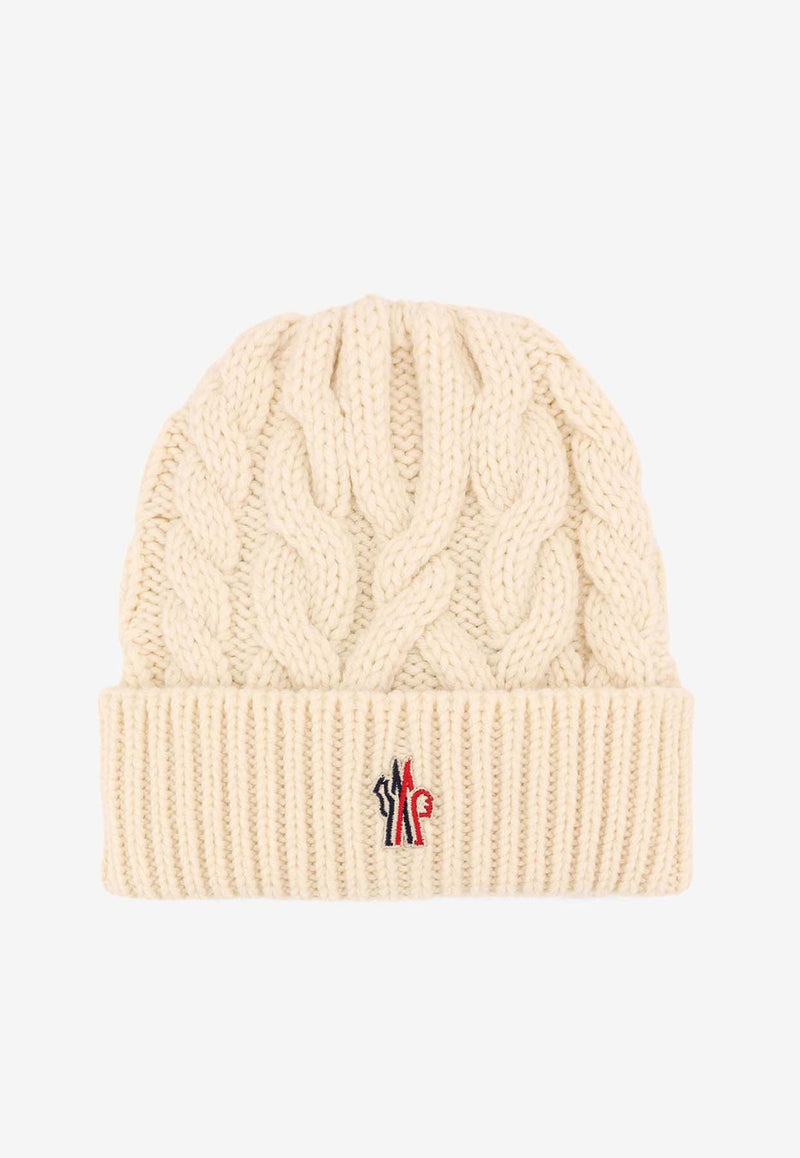 Moncler Grenoble Logo Patch Cable Knit Wool Beanie Beige 0983B00003M1172_034