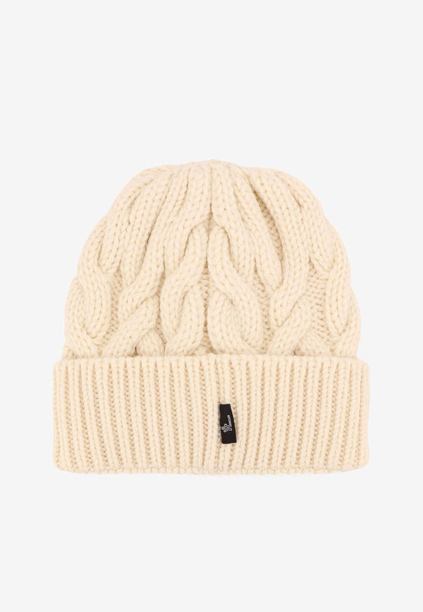 Moncler Grenoble Logo Patch Cable Knit Wool Beanie Beige 0983B00003M1172_034