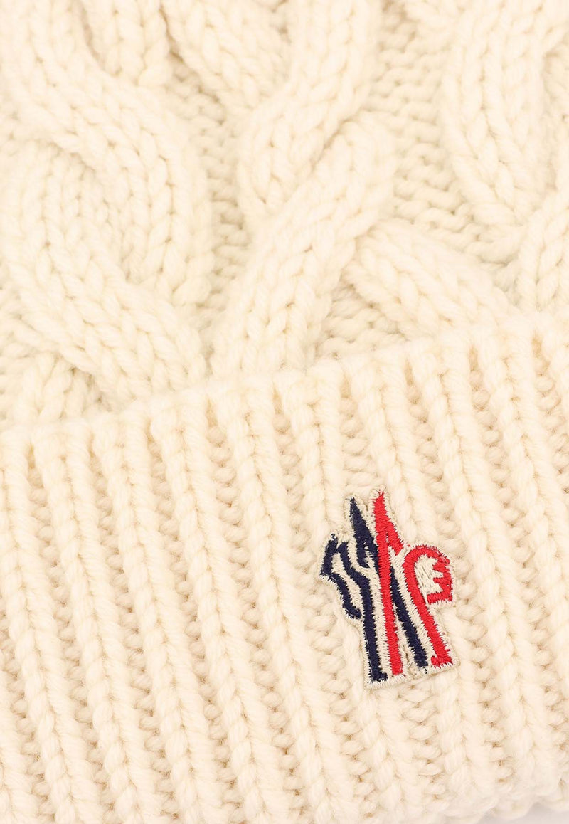 Moncler Grenoble Logo Patch Cable Knit Wool Beanie Beige 0983B00003M1172_034