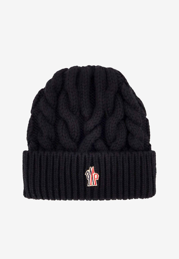 Moncler Grenoble Logo Patch Cable Knit Wool Beanie Black 0983B00003M1172_999